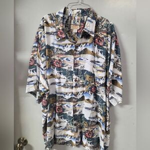 Men's Casual Button-Down Hawaiian Print Shirt - White/Blue/Tan